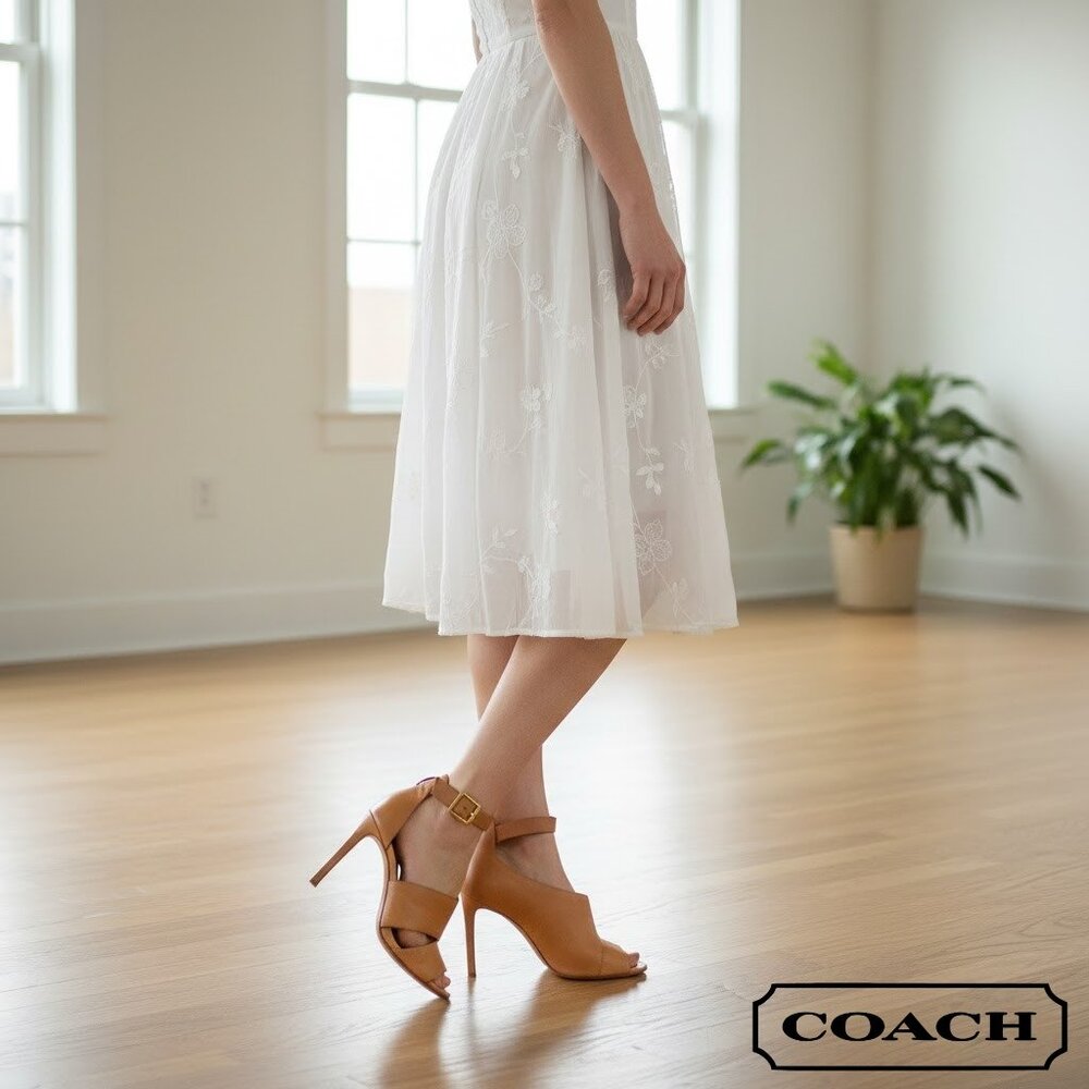 Coach New York Women’s Brown/Tan Ankle Buckle Strap Leather Heel Peep Toe Shoes